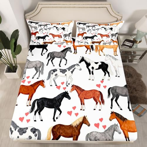 Erosebridal Horse Fitted Sheet Twin Farm Bedding Sets Kids Boys Girls Teens Cute Animal Sheet Set Cartoon Horses with Pink Lover Heart Decor Kawaii Sheet Cowboy Cowgirls Bed Sheet Set (No Flat Sheet)