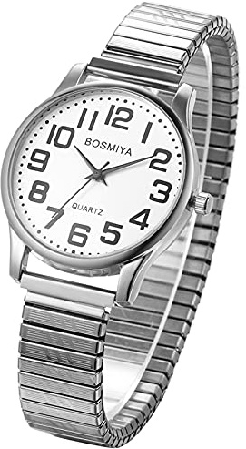 JewelryWe Mens Big Dial Easy Reader Quartz Watch, Gold/Silver Tone Elastic Band Wristwatch