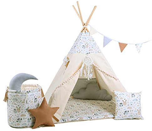Rainbow Kids Tipi Zelt für Kinder | Baumwollsegeltuch Tippi Kinderzelt, Mehrere Muster und Farben mit und ohne Spielzubehör für Outdoor- und Indoor-Kinderspaß (Eulchen und Hasi, mit Zubehör)