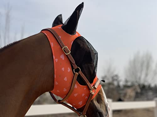 TGW RIDING Hästflugmask superkomfort hästflugmask elastisk flugmask med öron (M, orange hjärta)