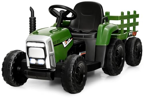 Costzon Ride on Tractor with Detachable Trailer, Kids' Electric Vehicles w/3-Gear-Shift Ground Loader, Wireless Design & USB, 7 LED Headlights, Remote Control Tractor Toy for Kids 3+ (12V, Dark Green)