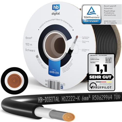 hb-digital 100m Solarkabel H1Z2Z2-K - TÜV Rheinland zertifiziertes - 6mm² flexibel UV witterungsbeständig PV Kabel reines Kupfer 1500V DC für Solarpanel Wechselrichter Photovoltaik - Schwarz