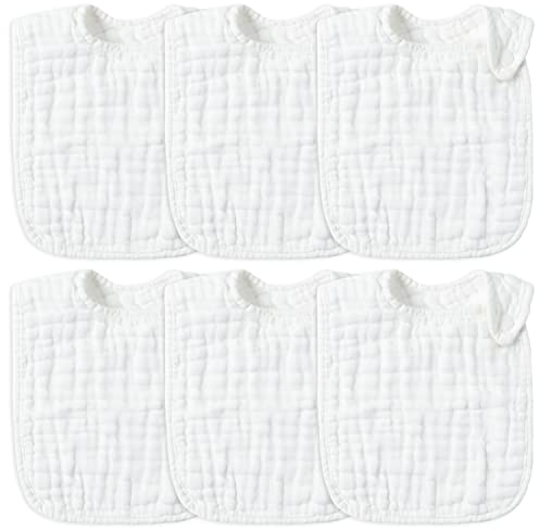 Zainpe 6Pcs Snap Muslin Cotton Baby Bibs White Adjustable Drool Bib with 6 Absorbent Soft Layers, Machine Washable Unisex Burp Cloths for 3 to 36 Months Boys Girls Infant Newborn Toddler