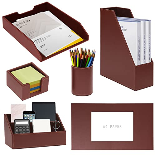 XNONE Set Scrivania Ufficio Pelle Pu,Organizzatori da Scrivania 6 Pezzi,Incluso Blocco Scrittoio,Vassoio di Carta,Porta Riviste,Portapenne,Porta Note,Ordinatore di Lettere,Personale e Regalo,Marrone