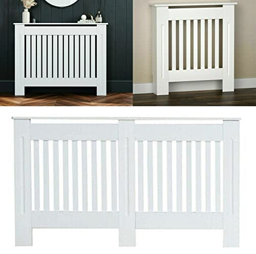 Royalswill Radiator Cover White, Modern Vertical Slats Radiator Heating Covers, MDF Wood Grill Cabinet Shelf, Living Room Bedroom Hallway Cabinet, Small Radiator Cover 82x78x19cm