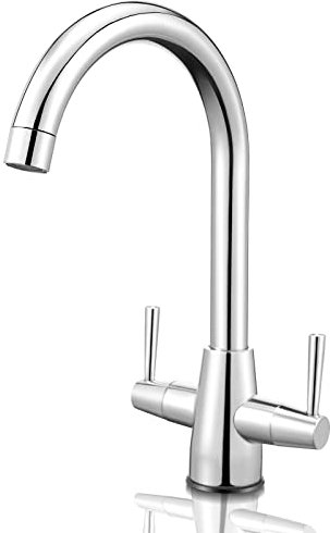 Pakuyi Kitchen Sink Mixer Tap Monobloc Dual Lever Chrome 360° Swivel Spout Mono Kitchen Mixer Taps 1 Hole Twin Lever Sink Tap Stainless Steel