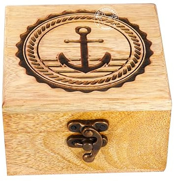 Urne en bois antique faite à la main - Arbre de vie - Gravure à la main - Pour femme et homme - Décoration d'intérieur - Boîtes décoratives - Rangement et organisateur (11,4 x 11,4 x 6,3 cm, ancre)