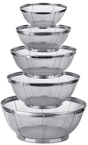 Sieb für die Küche, 18/8 Edelstahl, feines Sieb, für Nudeln, Reis und Obst, Sieb zum Abseihen, Abtropfen, Spülen oder Dampfen, verschiedene Größen, 5 Stück