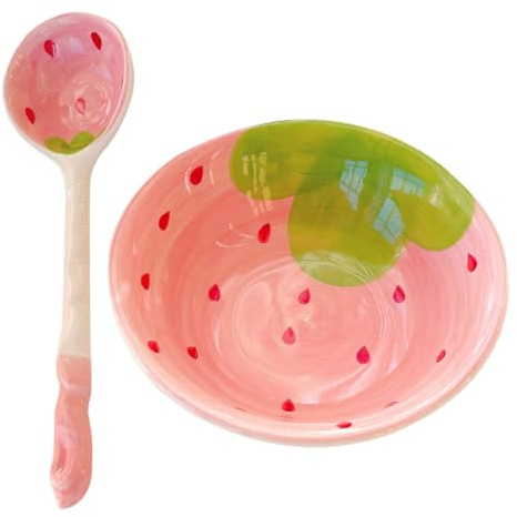 Healeved Strawberry Bowl Spoon Kit 4.72 Inch Ceramic Soup Serving Bowl Fruit Themed Tableware for Home and Restaurant