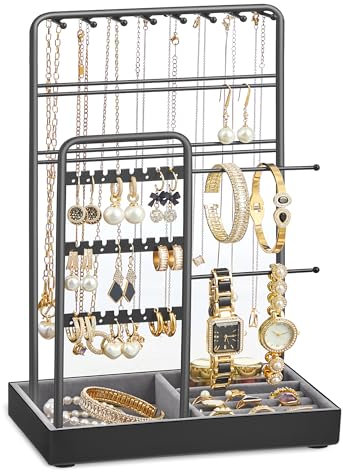 SONGMICS Portagioie, Porta Collane e Orecchini, Espositore per Gioielli, Metallo, Vassoio in Velluto, per Collane Bracciali Orecchini Anelli, Idea regalo, Nero Inchiostro JJS021B01