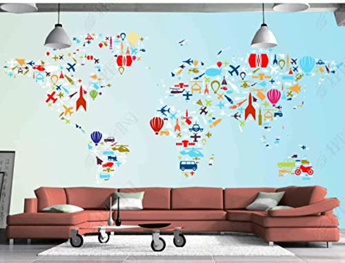 Photo Wallpaper 3D World Map Cartoon Children's Room Wall Decor Boys Girls Mural Wallpaper 300(W) X210(H) Cm