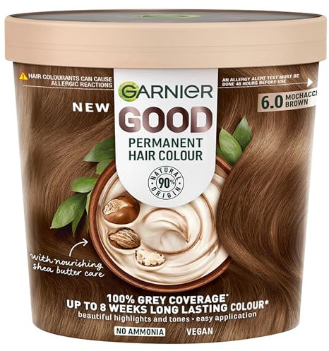 Garnier GOOD Permanent Hair Dye, 6.0 Mochaccino Brown. Provides 100% grey coverage and 8-week colour. No ammonia, vegan shea butter formula for vibrant, lasting results on all hair types.