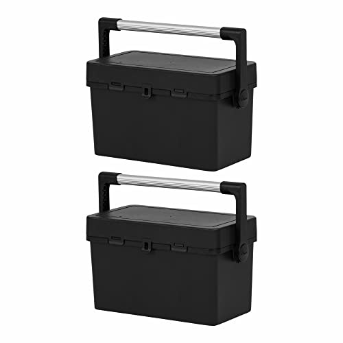 (Set of 2) - 46 CM Black Recycled Plastic Tool Box Long Aluminium Handle Tool Box Organiser With Removable Tote Tray Utility Toolbox Storage Box For Home & Garage Tools.