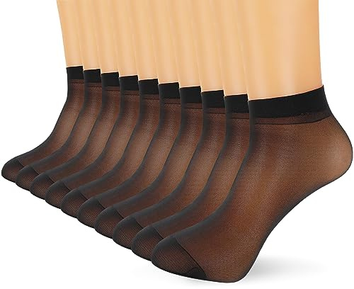 COMNICO Calze corte in seta, 10 paia, trasparenti, nere, moda in seta, in nylon, ultra sottili, alla caviglia, calze a rete trasparenti, per donne e ragazze, Nero, Taglia