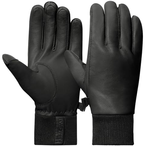 Harssidanzar Herren Lederhandschuhe mit Fleece gefüttert für kaltes Wetter, Winter Warm Goatskin Touchscreen Handschuhe HM002EU,Schwarz,Größe S