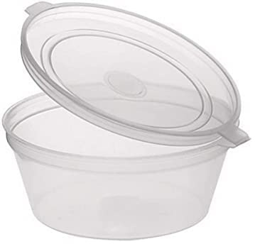 LEO 25pcs x 1oz Clear Plastic Reuseable Small Container Pots with Lids Round | Deli Pots | Perfect for Food Prep, Dips/Salads,Cereal | Storage | Takeaway