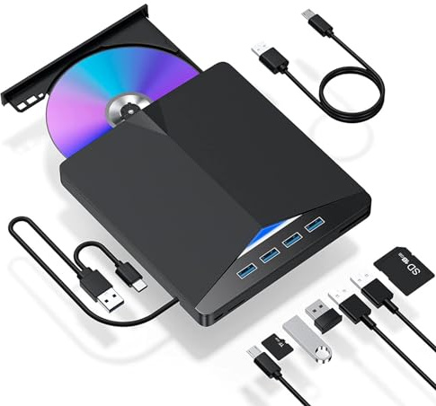 ODIKALA Lecteur CD/DVD Externe, Graveur USB 3.0 et Type-C avec 2 USB et Fente SD/TF, Portable Lecteur Graveur CD DVD Externe, 7 en 1, pour Windows 11/10/8/7、Linux、Mac OS Plug and Play