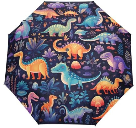 KAAVIYO Lila Dunkle Dinosaurier Regenschirm Auf-Zu Automatik Taschenschirm Winddichter Umbrella Klein Leicht Schirm Kompakt Schirme für Jungen Mädchen Reise Strand Frauen