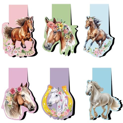 VorkiVecKi Magnetische Lesezeichen mit Blumenpferd – unregelmäßig geformtes Pferd-Lesezeichen, 6 Stück, Magnet-Tier-Papiermarker, Seitenclip-Set, Kinder, Frauen, DIY-Geschenke zum Lesen von Libros,