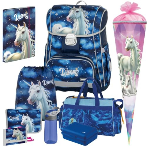 OB PREMIUM Einhorn Girls Dream - Unicorn - Pferd Schulranzen-Set 9tlg. mit Sporttasche, Schultüte, Brustbeutel, Brotdose und Trinkflasche - Heftbox A4 Gratis