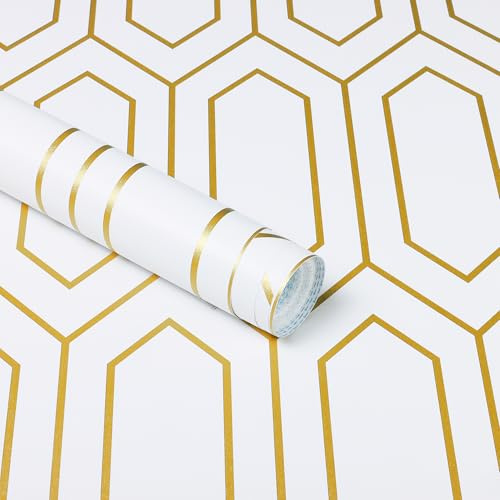 Safiyya 393x17.3Peel and Stick Wallpaper Geometric White and Gold Contact Paper Modern Wall Paper Textured Removable for Bedroom for Wall Vinyl Roll