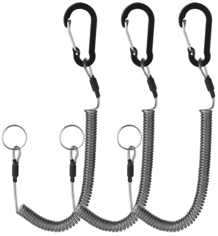 Dimeho 3 cordones en espiral resistentes para pesca, cuerda retráctil de seguridad, accesorios para cañas de pescar, con clip de aleación de aluminio para alicates, barco, kayak (negro)