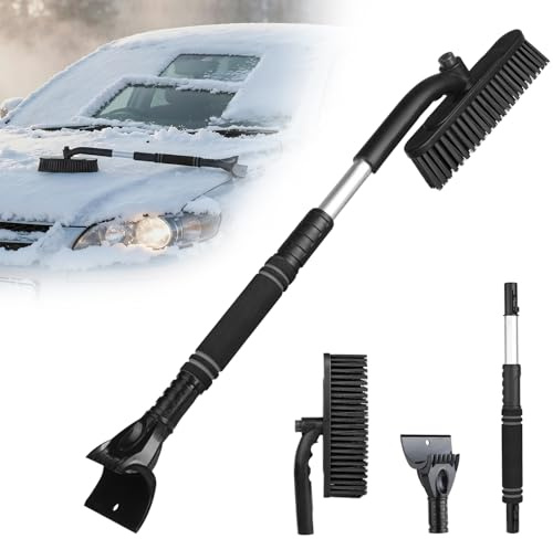 3 in-1 Extendable Ice Scraper for Car Windscreen, Car Snow Brush with 11’’ Wide 360°Rotating Head, Detachable Snow Broom with Ergonomic Grip for Car Windshield, Non-Scratch for Car SUV Truck, Black