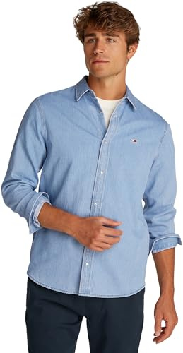 Tommy Jeans Uomo Camicia in Jeans Regular Fit con Chiusura a Bottoni, Blu (Denim Light), S