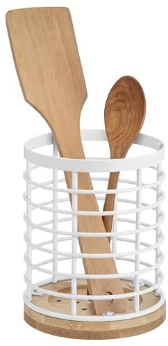 QIWODE Kitchen Utensil Holder, Countertop Cutlery Drainer, Cooking Utensil Organiser for Spoons, Spatulas, Ladles, Forks and Other Utensils, Metal Wire and Bamboo Base, White