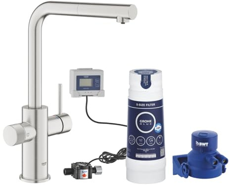 Grohe Blue Pure Minta Robinet pour évier de cuisine, douchette amovible, avec filtre 5 phases taille S et compteurs, chrome brossé (satiné)