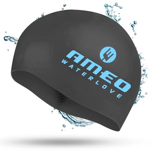 AMEO WATERLOVE Premium Silikon-Badekappe mit Noppen – Swim Cap | elastisch & strapazierfähig – Wasserdichte Badekappe mit Noppen – Schwimmhaube für maximalen Halt, schwarz
