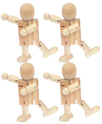 NUOBESTY 4 Stück Roboter aus Holz kinder unbemalte Steckpuppenverzierung Desktop- Holzroboter Dekorative Holzornamente spielzeug Wohndekoration gelenkig verstellbare Holzfiguren