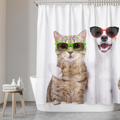 SANFINO Duschvorhang 180x200 inkl. 12 Ringe - Wasserdichter Duschvorhang mit Motiv für Badewanne und Dusche, Anti-Schimmel Duschvorhang Textil, Antibakteriell & Öko-Tex Zertifiziert - Cat and Dog
