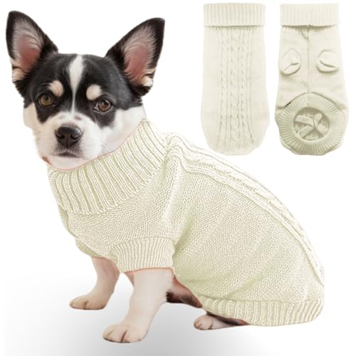 Mfiker Kleiner Hundepullover mit Hinterbeinriemen & Strick-Rollkragen, warme Winterkleidung für kleine Hunde und Katzen, Haustierpullover für Bulldogge, Chihuahua, Yorkie, Mops, Kätzchen (weißer