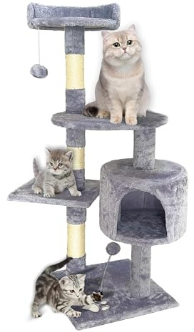 Aitodos® Klösträd för katter, ljusgrå, 115 cm höjd, 5 pelare, 4 plattformar, 1 x kattgrotta och 2 hängande bollar, kattklösbräda, plyschtyg, katttorn