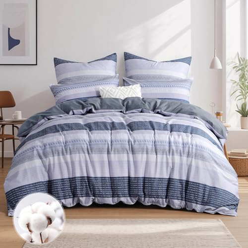 Aisbo Bettwäsche 220x240 Baumwolle Blau/Grau Gestreift Muster - Bettwäsche-Sets 220 x 240 cm Bettbezug 3teilig mit 2 Kissenbezüge 80x80 cm, ÖKO-TEX Wendebettwäsche mit Reißverschluss
