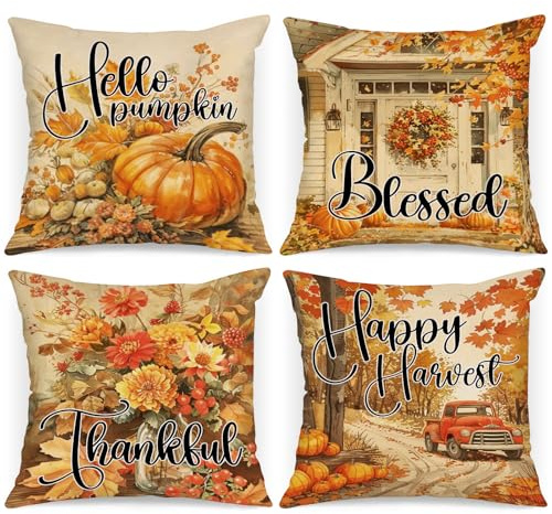 Benjia Lot de 4 pièces Housses de Coussin Déco Automne 40x40 cm, Aquarelle Voiture de Chasse Citrouille Feuille d'érable Taies d'oreiller pour Ferme Thanksgiving Halloween Literie Sarcelle 40 x 40 cm