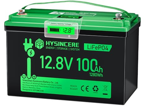 HYSINCERE Batería de litio LiFePO4 de 12 V 100 Ah con LED, 1 paquete, 100 A BMS inteligentes y máx. 15000 ciclos, batería de ciclo profundo de 12 V recargable 1280 Wh para autocaravanas, camping