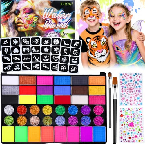 Kinderschminke Set, 42 Gesichtsfarben Kinderschminken Set, Schminke Kinder mit professionellen Pinsel, 4 Schablonen, 2 Diamant-Sticker, Waschbar Face Paint Bodypaint Schminkset für Halloween Karneval