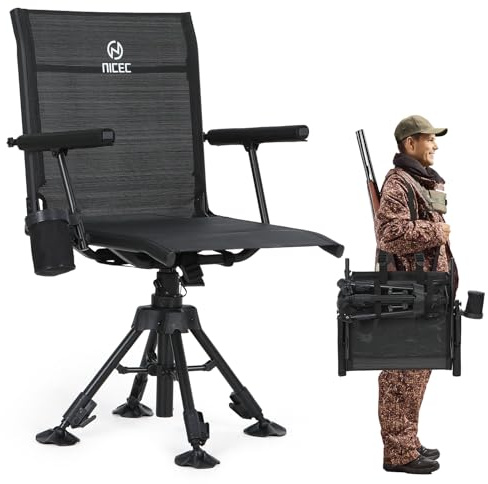 Nice C Swivel Hunting Chair, 360° Silent Folding Hunting Chair | Deer Turkey Hunting Chair, Adjustable Height, Armrests, No-Sink Feet, Shoulder Strap, Cup Holder