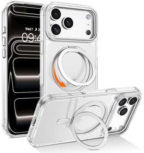 Telaso for iPhone 17 Pro Max Case with Magnetic 360° Rotatable Ring Stand, [Compatible with MagSafe] Slim Shockproof Protective Phone Cases for iPhone 17 Pro Max 6.9, Clear