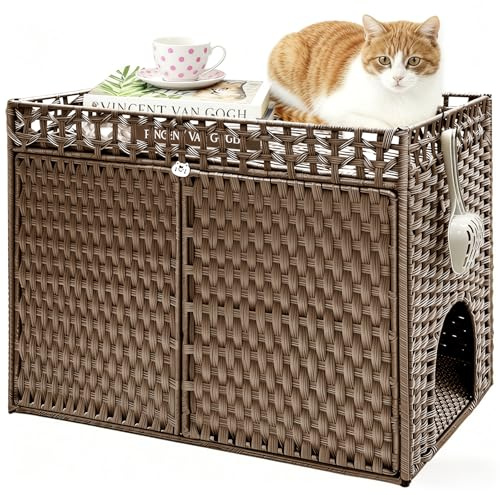 Homegroove Katzenschrank für Katzentoilette - Verstecktes Katzenklo Möbel aus Handgeflochtenem Rattan mit Weicher Matte, Multifunktionaler Schrank als Beistelltisch für Wohnzimmer (Braun)
