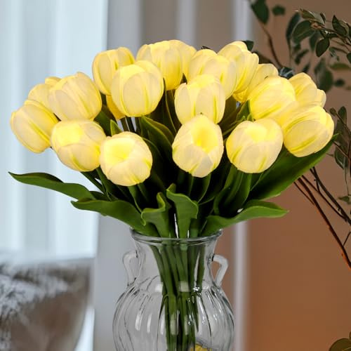 HOMESEASONS 20 Stems LED Lighted Artificial Flowers Tulip Lamp Real Touch Tulips Faux Flower Lights for Valentine's Day and Easter Home Kitchen Wedding Dining Table Decor(White)