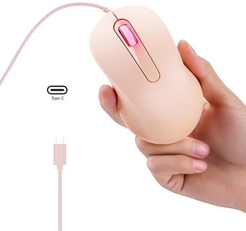 Wired USB C Mouse - Type-C Wired Mice with 3 Buttons, Ergonomic, Silent, Lightweight and Portable for Laptop,Macbook, Mac, Windows,PC,Desktop,Notebook ,Phone,Tablet, Surface, 4.9 Ft Cable,Apricot pink
