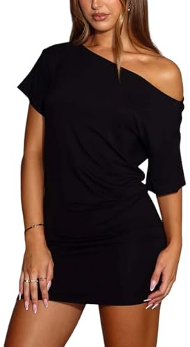 Gkaopi Robe Femme Sexy Une Épaule à Manches Courtes Mini Robes à Plis Épaules Dénudées Wrap Moulante Courte Robe D'été Slim Fit Bodycon Robes de Soirée pour Cocktail Fête Clubbing