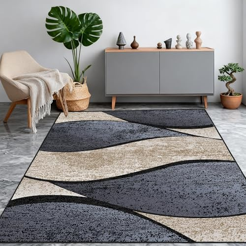 WQMMD Teppich Wohnzimmer 200x300 cm Waschbar rutschfest Modern Wellenmuster Kurzflor Teppich Blaugrau Anthrazit Beige Großer Teppiche für Schlafzimmer Esszimmer Büro Jugendzimmer