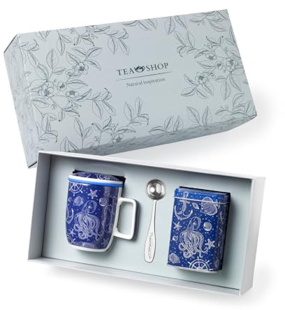 TEA SHOP - Pack Taza de porcelana con Filtro y Tapa + Lata y Cuchara medidora - Set Tea Time Thalassa - Perfecto para Regalo