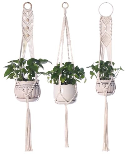 Colgadores de macramé para plantas de interior, colgador de macramé para plantas, 3 piezas, soporte para colgar, 3 tamaños, colgadores de techo, soporte decorativo para macetas, sin borlas, colgador