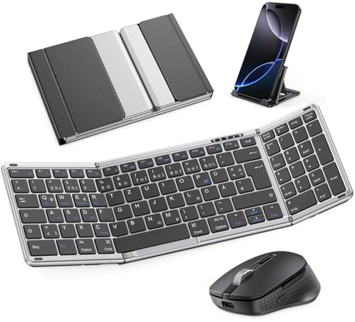 OMOTON Faltbare Tastatur und Maus Kabellose mit Ziffernblock, Bluetooth Tastatur mit Maus Wiederaufladbare QWERTZ, Voller Größe, Klapptastatur Set mit 3 Kanäle für iOS/Android/Windows/Mac, Space Grau