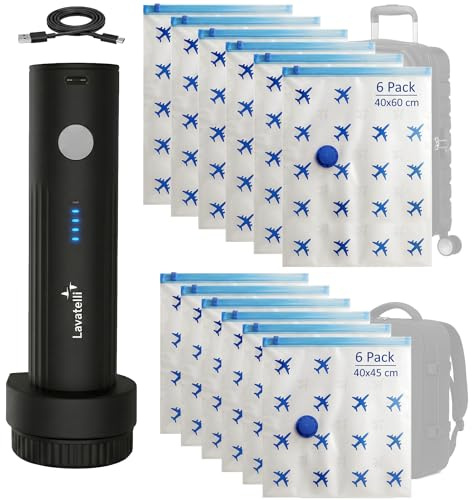 Lavatelli Ultimate Travel Set med trådlös USB-C pump och 12 vakuumpåsar (6 x 40 x 45 6 x 40 x 60 cm) för ryggsäck och vagn, utrymmesbesparande rese- och husarrangör-kit